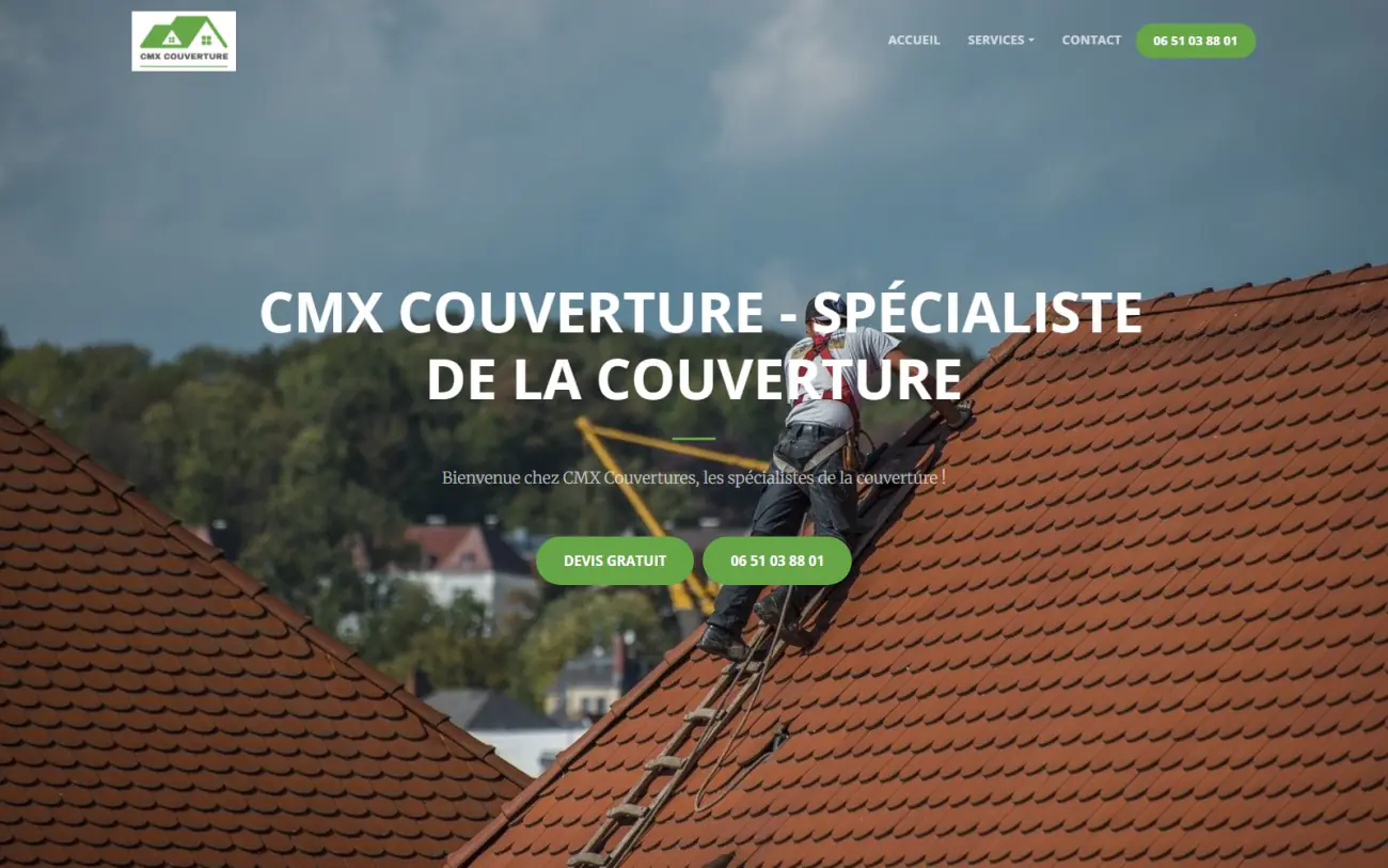 Page d’accueil du site de CMX Couverture, artisan couvreur, réalisé par Honab