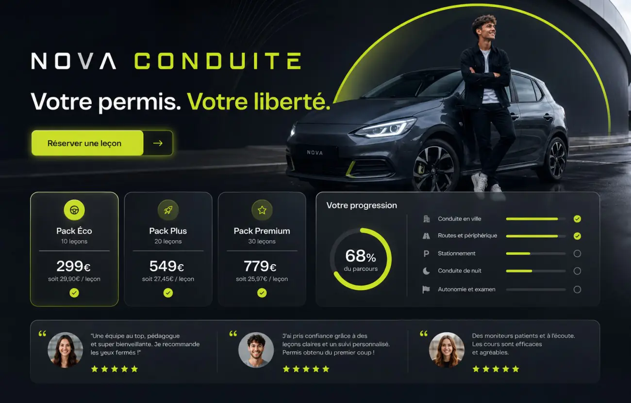 Maquette de site internet moderne pour une auto-école, avec forfaits et réservation