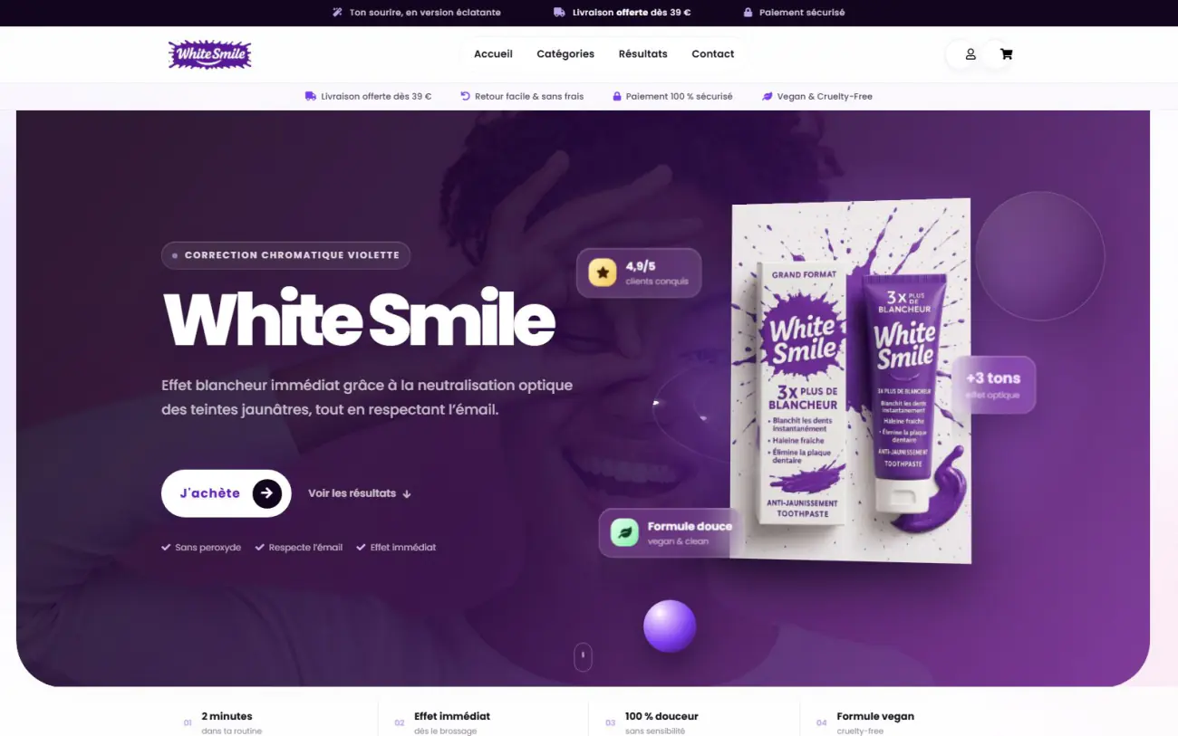 Page d’accueil de la boutique en ligne White Smile, réalisée par Honab